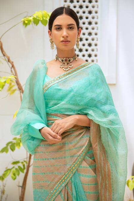Aarti Sethia_Blue Pure Kota Tussar Silk Embroidery Sweetheart Neck Leheriya Saree With Blouse _at_Aza_Fashions
