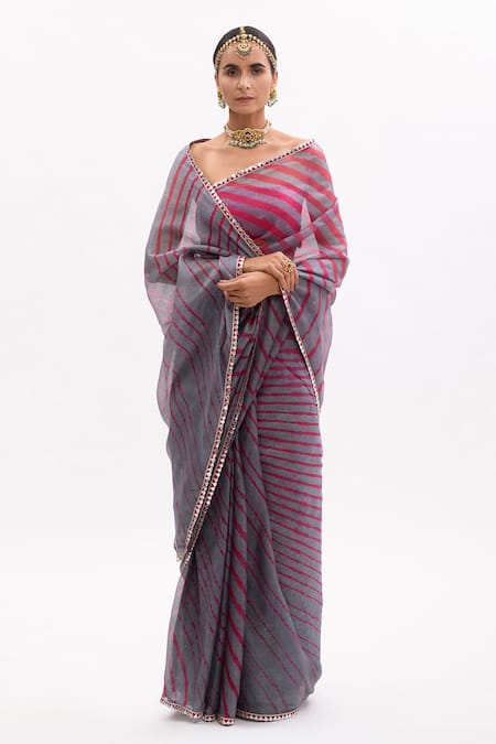 Buy_Aarti Sethia_Grey Pure Kota Tussar Silk Embroidery One Shoulder Leheriya Saree With Blouse _Online_at_Aza_Fashions