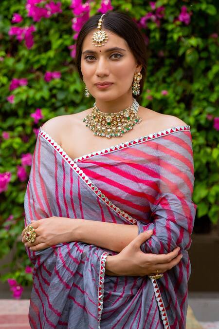 Shop_Aarti Sethia_Grey Pure Kota Tussar Silk Embroidery One Shoulder Leheriya Saree With Blouse _Online_at_Aza_Fashions