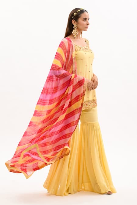 Aarti Sethia Yellow Georgette, Matka Silk Scoop Neck Embroidered Kurta Sharara Set Online at Aza Fashions Aarti Sethia_Yellow Georgette, Matka Silk Scoop Neck Embroidered Kurta Sharara Set _Online_at_Aza_Fashions