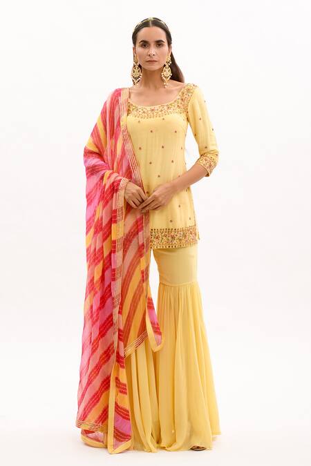 Buy Aarti Sethia Yellow Georgette, Matka Silk Scoop Neck Embroidered Kurta Sharara Set Online at Aza Fashions Buy_Aarti Sethia_Yellow Georgette, Matka Silk Scoop Neck Embroidered Kurta Sharara Set _Online_at_Aza_Fashions