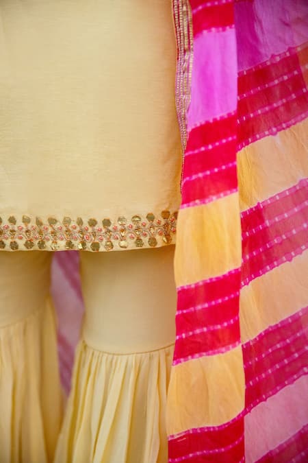 Aarti Sethia Yellow Georgette, Matka Silk Scoop Neck Embroidered Kurta Sharara Set at Aza Fashions Aarti Sethia_Yellow Georgette, Matka Silk Scoop Neck Embroidered Kurta Sharara Set _at_Aza_Fashions