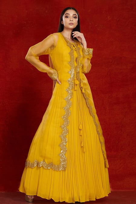 Buy Yellow Kota Doria Round Embroidered Gown With Jacket For Women by  Ajiesh Oberoi Online at Aza Fashions.