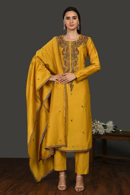 Onaya Yellow Chanderi Embroidered Resham Work Round Kurta Set  