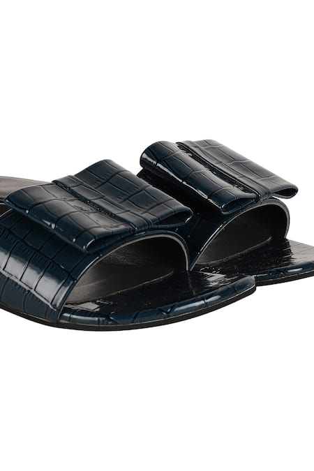 Buy Black Textured Patent Sliders by Aanchal Sayal Online at Aza