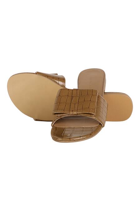 Buy_Aanchal Sayal_Brown Textured Patent Sliders_Online_at_Aza_Fashions