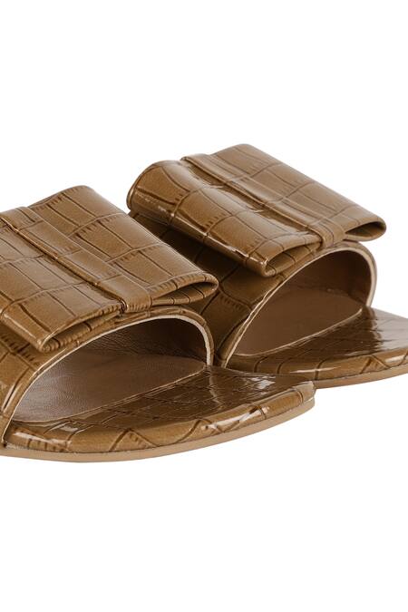 Shop_Aanchal Sayal_Brown Textured Patent Sliders_Online_at_Aza_Fashions