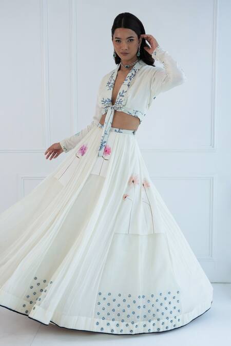 Amit Sachdeva_Ivory Organza, Crepe, Georgette Floral V Neck Printed Crop Blazer And Skirt Set _Online_at_Aza_Fashions
