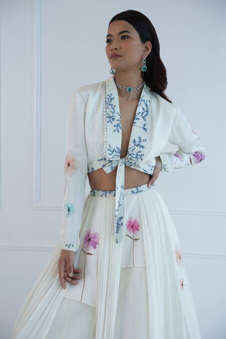 Buy_Amit Sachdeva_Ivory Organza, Crepe, Georgette Floral V Neck Printed Crop Blazer And Skirt Set _Online_at_Aza_Fashions