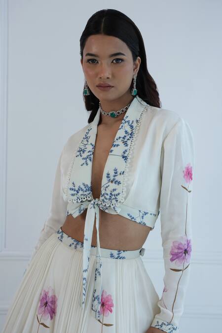 Shop_Amit Sachdeva_Ivory Organza, Crepe, Georgette Floral V Neck Printed Crop Blazer And Skirt Set _Online_at_Aza_Fashions