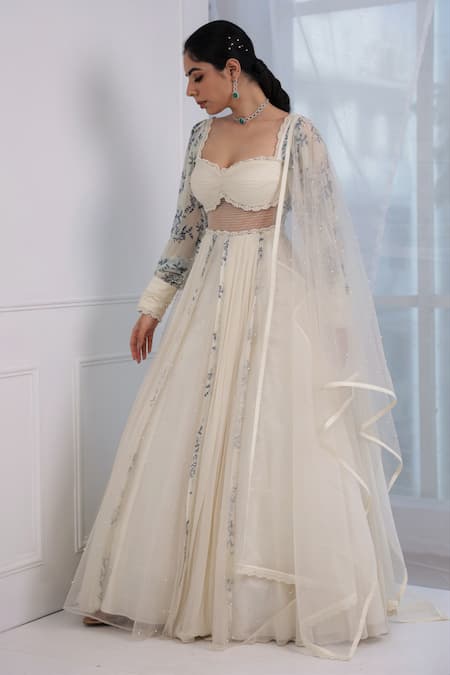 Amit Sachdeva_Ivory Net, Georgette Floral Sweetheart Neck Print Anarkali With Dupatta _Online_at_Aza_Fashions