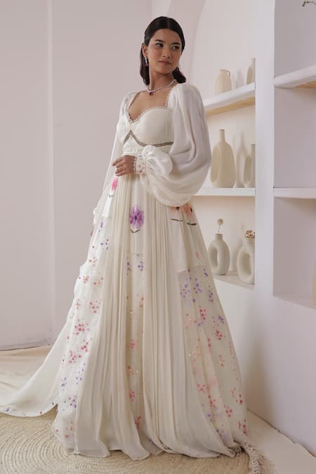 Amit Sachdeva_Ivory Organza, Georgette Floral, Sequin, Print Panelled Anarkali With Dupatta _Online_at_Aza_Fashions