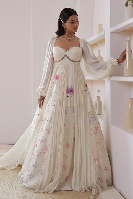 Amit Sachdeva Ivory Georgette Printed Floral Sweetheart Neck Panelled Anarkali With Dupatta 