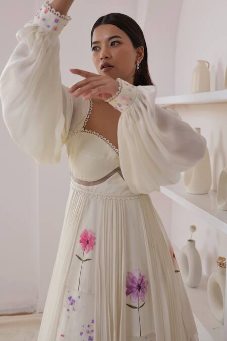 Shop_Amit Sachdeva_Ivory Organza, Georgette Floral, Sequin, Print Panelled Anarkali With Dupatta _Online_at_Aza_Fashions