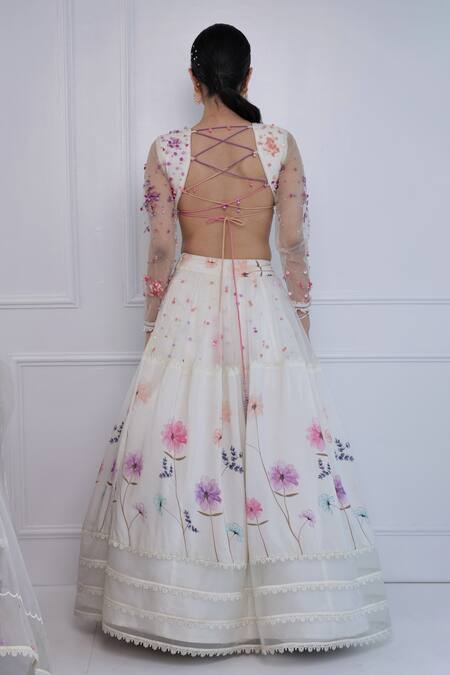 Shop_Amit Sachdeva_Ivory Net Printed Floral V Neck Tiered Lehenga Set _at_Aza_Fashions