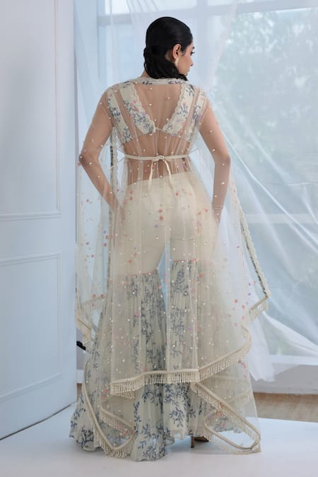 Shop_Amit Sachdeva_Ivory Georgette Printed Sequin Cape Open Embroidered And Gharara Set _at_Aza_Fashions