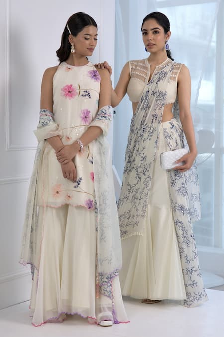 Amit Sachdeva Ivory Organza, Crepe, Georgette Floral, Sequin Round Print Kurta Gharara Set Online at Aza Fashions Amit Sachdeva_Ivory Organza, Crepe, Georgette Floral, Sequin Round Print Kurta Gharara Set _Online_at_Aza_Fashions
