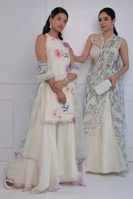 Buy_Amit Sachdeva_Ivory Organza, Crepe, Georgette Floral, Sequin Round Print Kurta Gharara Set _Online_at_Aza_Fashions