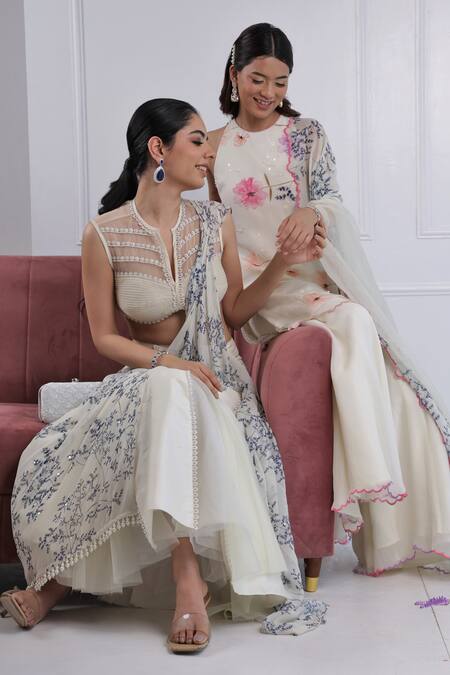 Shop_Amit Sachdeva_Ivory Organza, Crepe, Georgette Floral, Sequin Round Print Kurta Gharara Set _Online_at_Aza_Fashions