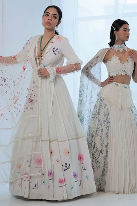Amit Sachdeva_Ivory Net, Crepe, Georgette Floral, Bead Plunge V Print Anarkali With Dupatta _Online_at_Aza_Fashions