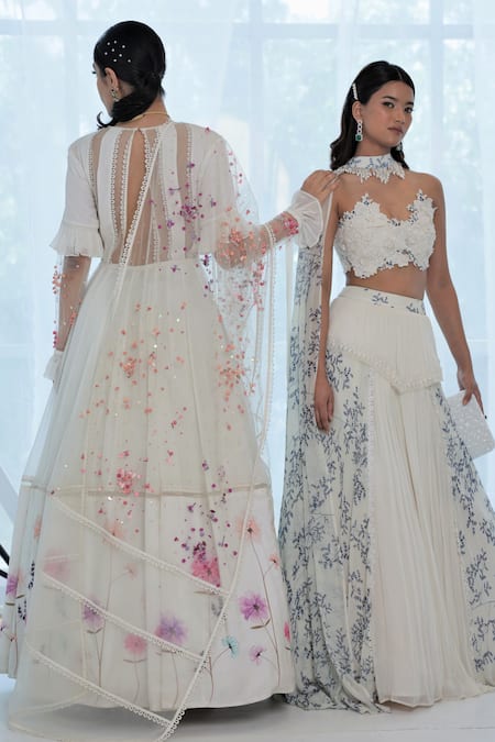 Buy_Amit Sachdeva_Ivory Net, Crepe, Georgette Floral, Bead Plunge V Print Anarkali With Dupatta _Online_at_Aza_Fashions