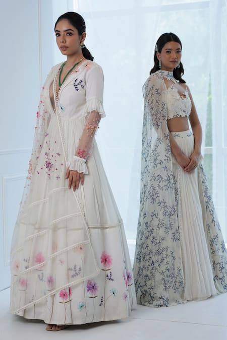 Shop_Amit Sachdeva_Ivory Net, Crepe, Georgette Floral, Bead Plunge V Print Anarkali With Dupatta _Online_at_Aza_Fashions