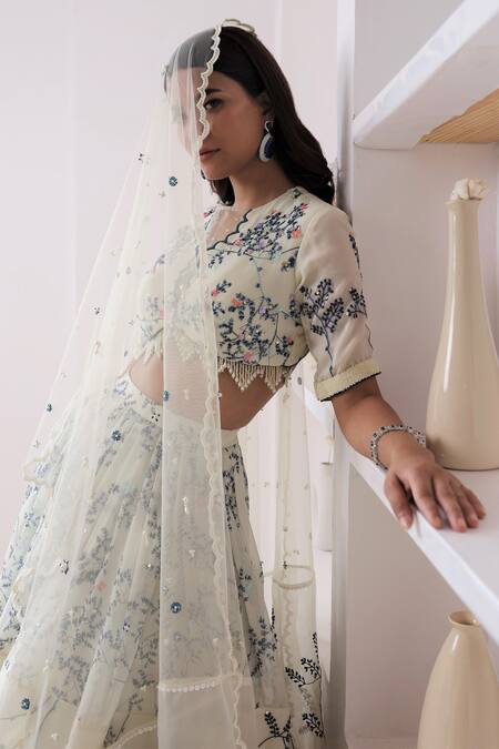 Amit Sachdeva_Ivory Organza Printed Floral Round Bridal Lehenga Set _Online_at_Aza_Fashions