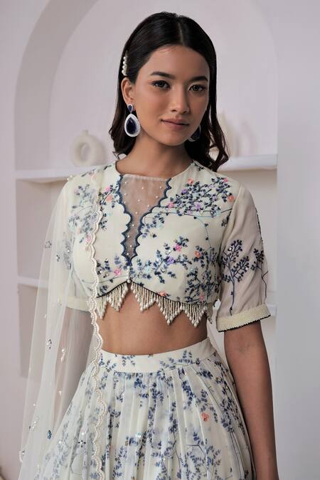 Shop_Amit Sachdeva_Ivory Organza Printed Floral Round Bridal Lehenga Set _Online_at_Aza_Fashions