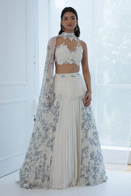 Amit Sachdeva Ivory Georgette Embroidery Lace Sweetheart Neck Crop Top And Skirt Set