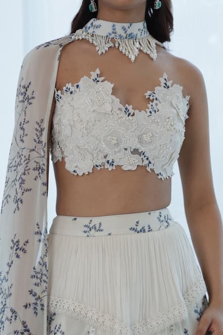 Buy_Amit Sachdeva_Ivory Georgette Embroidery Lace Sweetheart Neck Crop Top And Skirt Set _Online_at_Aza_Fashions
