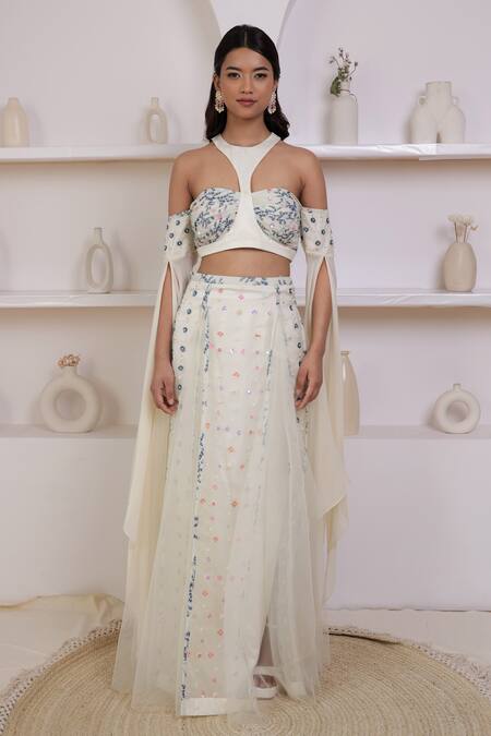 Amit Sachdeva_Ivory Net, Georgette Floral, Sequin Turtle Neck Embroidered Crop Top And Skirt Set _Online_at_Aza_Fashions