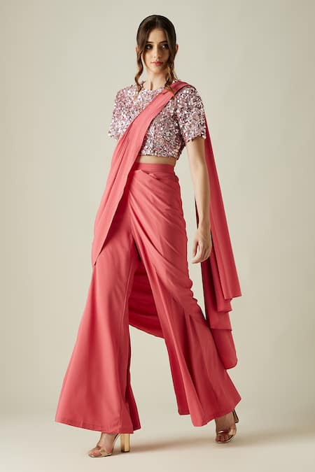 Buy_Aakaar_Pink Moss Crepe Sequin Work Round Crystal Palazzo Saree With Blouse _Online_at_Aza_Fashions