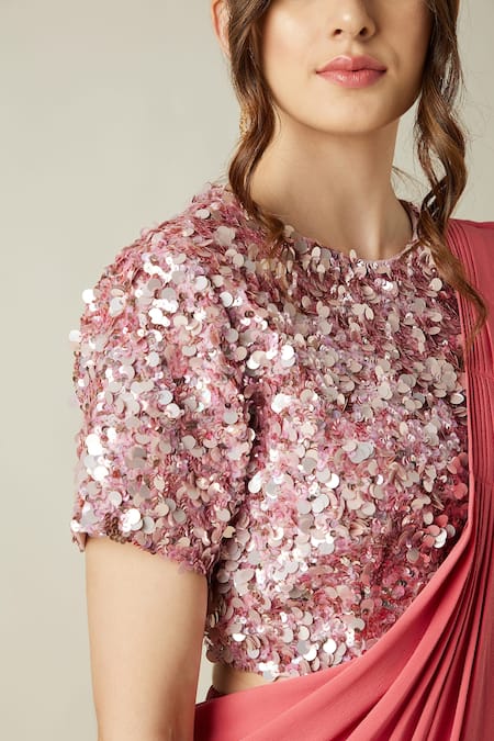 Shop_Aakaar_Pink Moss Crepe Sequin Work Round Crystal Palazzo Saree With Blouse _Online_at_Aza_Fashions