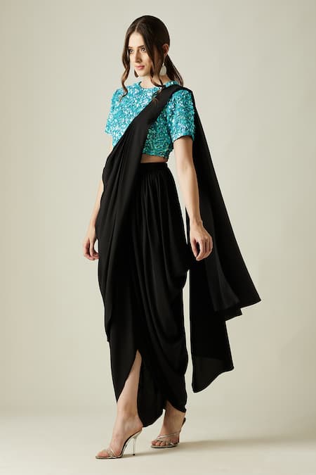 Buy_Aakaar_Black Moss Crepe Sequin Work Round Crystal Cowl Draped Saree With Blouse_Online_at_Aza_Fashions