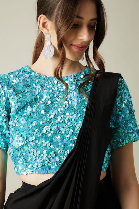 Shop_Aakaar_Black Moss Crepe Sequin Work Round Crystal Cowl Draped Saree With Blouse_Online_at_Aza_Fashions