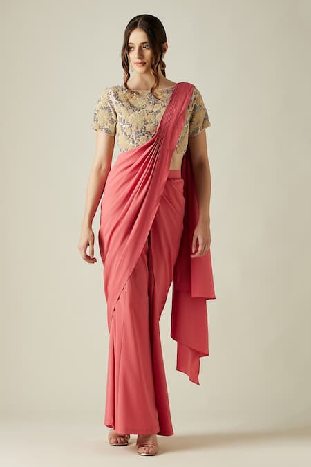 Aakaar Pink Moss Crepe Embroidered Sequin And Bead Work Garden Palazzo Saree With Blouse