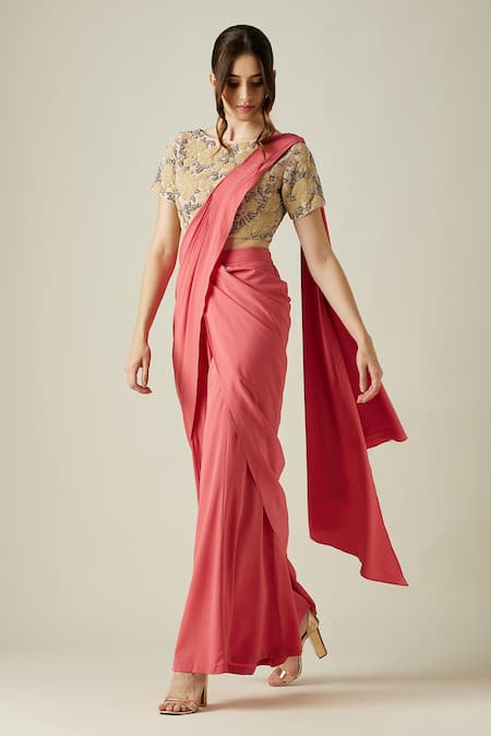 Buy_Aakaar_Pink Moss Crepe Sequin And Bead Work Round Garden Palazzo Saree With Blouse_Online_at_Aza_Fashions