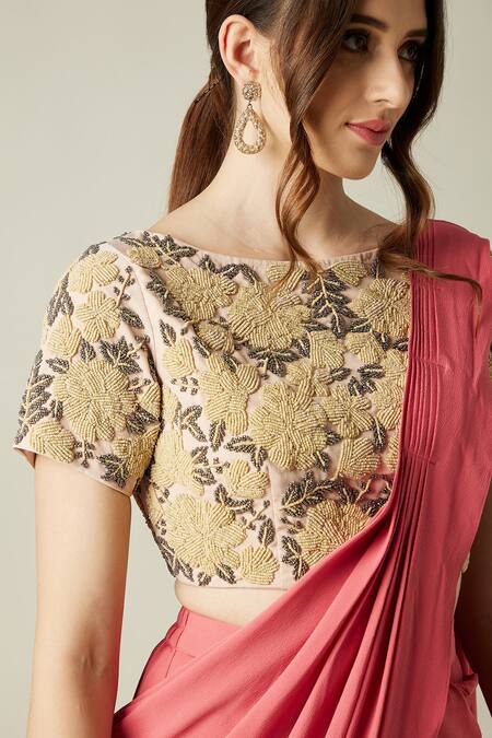 Shop_Aakaar_Pink Moss Crepe Sequin And Bead Work Round Garden Palazzo Saree With Blouse_Online_at_Aza_Fashions