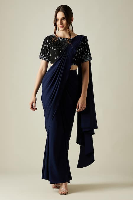 Buy_Aakaar_Blue Cotton Silk Metallic Crystal Work Palazzo Saree With Embellished Blouse _Online_at_Aza_Fashions