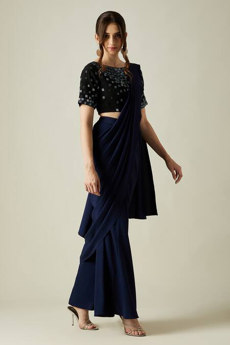 Aakaar_Blue Cotton Silk Metallic Crystal Work Palazzo Saree With Embellished Blouse _Online_at_Aza_Fashions