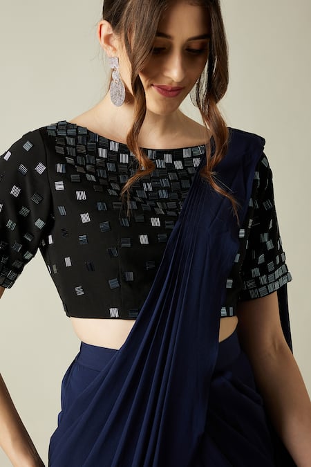 Shop_Aakaar_Blue Cotton Silk Metallic Crystal Work Palazzo Saree With Embellished Blouse _Online_at_Aza_Fashions