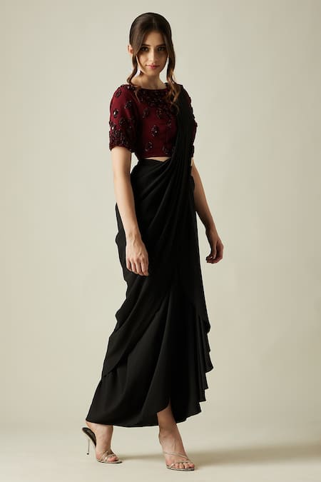 Aakaar_Black Moss Crepe Crystal Work Boat Neck Ruby Pre-draped Saree With Blouse_Online_at_Aza_Fashions