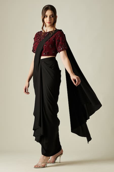 Buy_Aakaar_Black Moss Crepe Crystal Work Boat Neck Ruby Pre-draped Saree With Blouse_Online_at_Aza_Fashions