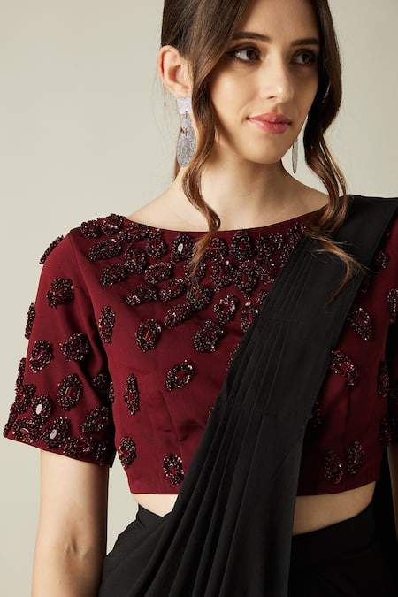 Shop_Aakaar_Black Moss Crepe Crystal Work Boat Neck Ruby Pre-draped Saree With Blouse_Online_at_Aza_Fashions