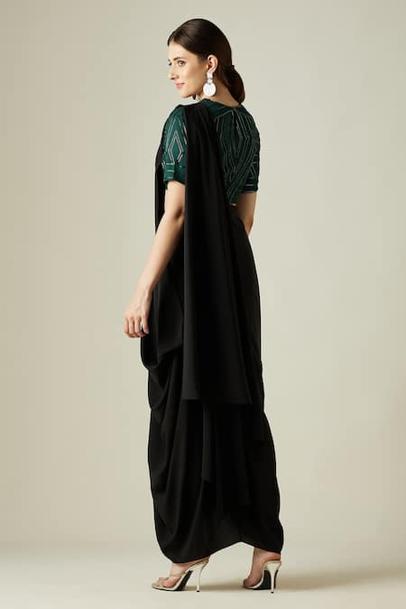 Shop Aakaar Black Mohair, Modal Embroidery Cowl Draped Saree With Blouse at Aza Fashions Shop_Aakaar_Black Mohair, Modal Embroidery Cowl Draped Saree With Blouse_at_Aza_Fashions