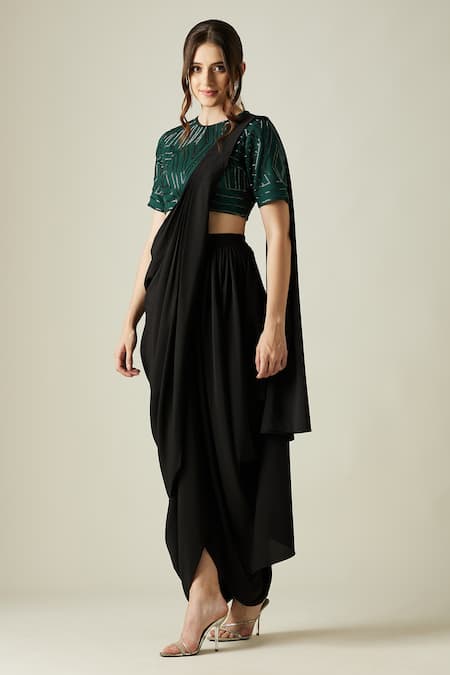 Buy Aakaar Black Mohair, Modal Embroidery Cowl Draped Saree With Blouse Online at Aza Fashions Buy_Aakaar_Black Mohair, Modal Embroidery Cowl Draped Saree With Blouse_Online_at_Aza_Fashions