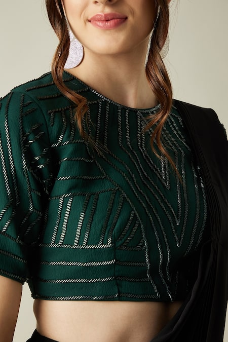 Shop Aakaar Black Mohair, Modal Embroidery Cowl Draped Saree With Blouse Online at Aza Fashions Shop_Aakaar_Black Mohair, Modal Embroidery Cowl Draped Saree With Blouse_Online_at_Aza_Fashions