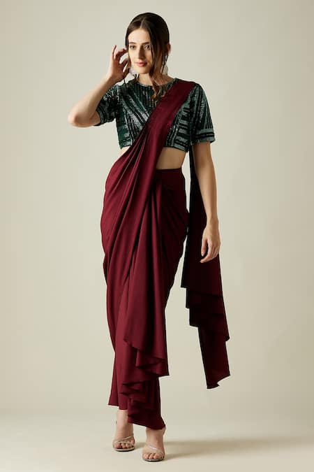 Aakaar Wine Moss Crepe Embroidered Crystal Work Round Ruby Pre-draped Saree With Blouse