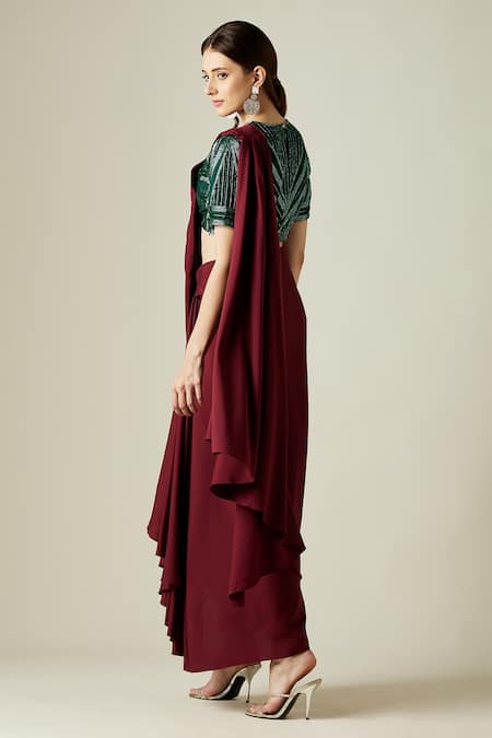 Shop Aakaar Wine Moss Crepe Crystal Work Round Ruby Pre-draped Saree With Blouse at Aza Fashions Shop_Aakaar_Wine Moss Crepe Crystal Work Round Ruby Pre-draped Saree With Blouse _at_Aza_Fashions
