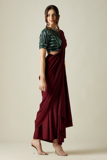 Aakaar Wine Moss Crepe Crystal Work Round Ruby Pre-draped Saree With Blouse Online at Aza Fashions Aakaar_Wine Moss Crepe Crystal Work Round Ruby Pre-draped Saree With Blouse _Online_at_Aza_Fashions